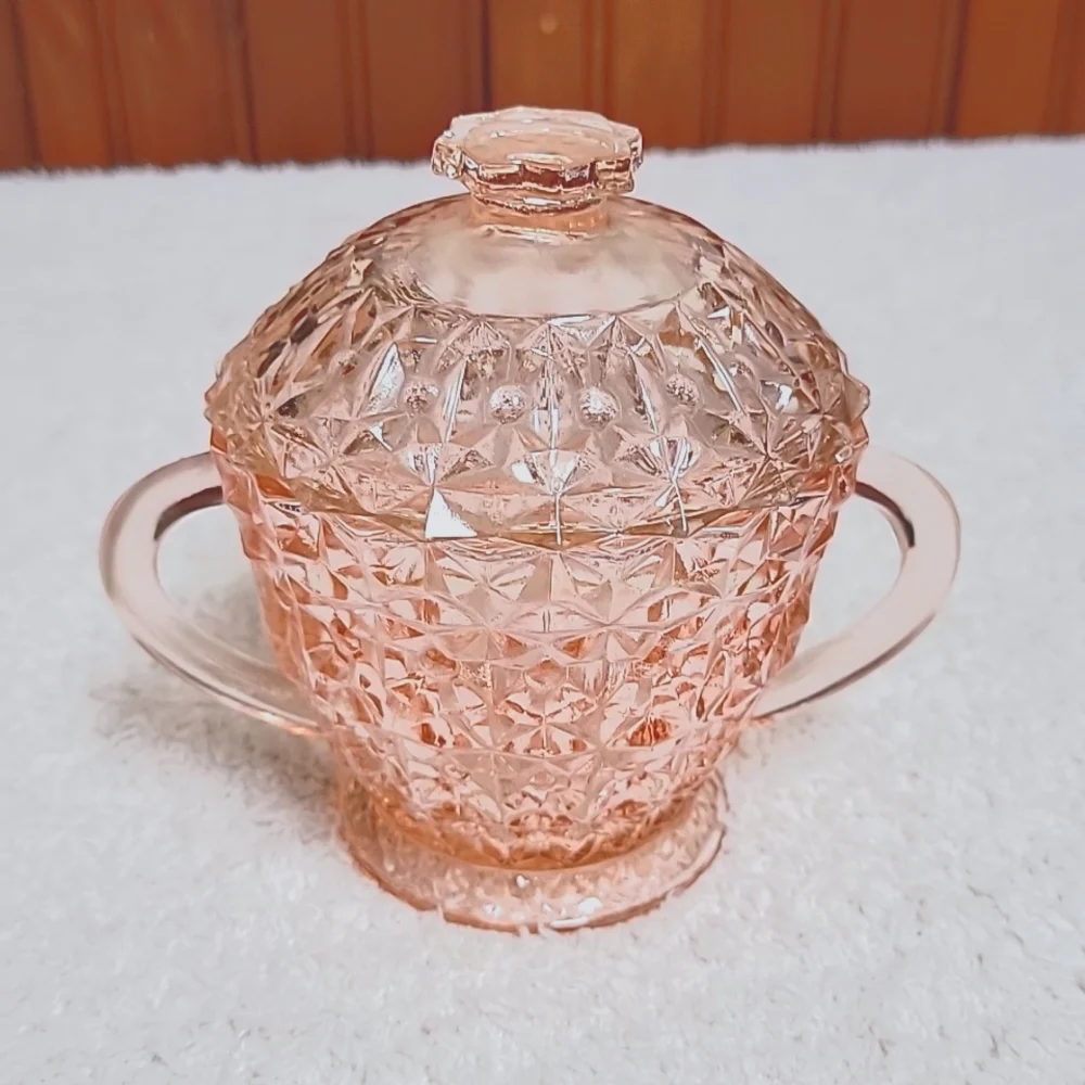 Holiday Pink Buttons And Bows Sugar Bowl And Lid Jeannette Glass 1940s - Picture 1 of 4